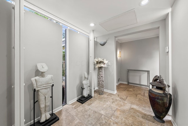 195 S Gould Rd, Columbus, OH 43209 - bathroom with stone tile floors, recessed lighting, and baseboards