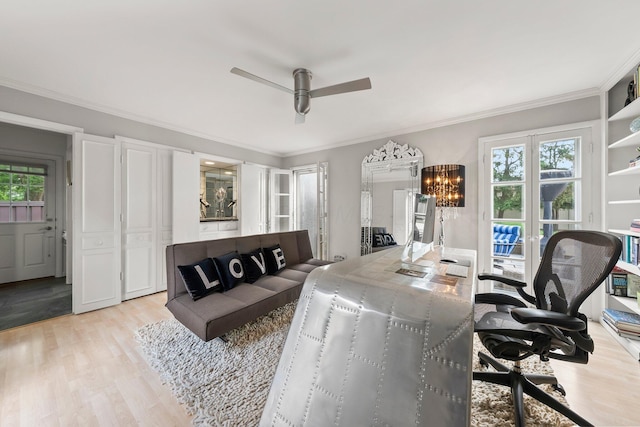195 S Gould Rd, Columbus, OH 43209 - home office with light wood-type flooring, ceiling fan, crown molding, and a chandelier