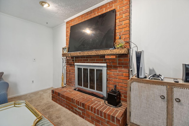6897 Roundelay Rd N, Reynoldsburg, OH 43068 - carpeted living room featuring a fireplace, crown molding, and a textured ceiling