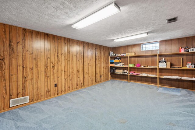 6897 Roundelay Rd N, Reynoldsburg, OH 43068 - below grade area featuring a textured ceiling, wooden walls, and carpet flooring