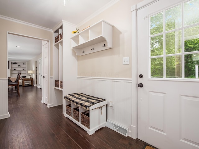 2870 Tarkman Dr, Nashport, OH 43830 - mudroom featuring wainscoting, plenty of natural light, dark wood-type flooring, and crown molding