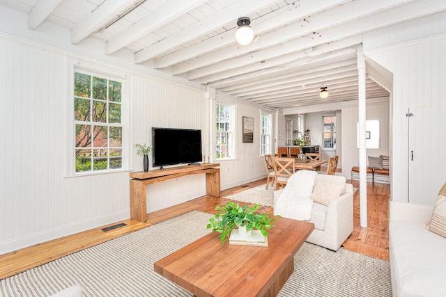503 City Park Ave, Columbus, OH 43215 - living room featuring light wood-style floors, plenty of natural light, beamed ceiling, and baseboards