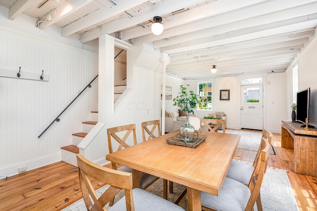 503 City Park Ave, Columbus, OH 43215 - dining room featuring light wood finished floors, stairway, beamed ceiling, and baseboards