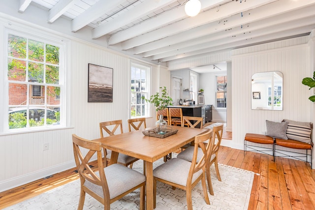 503 City Park Ave, Columbus, OH 43215 - dining room featuring light wood-style floors, beamed ceiling, baseboards, and wooden walls