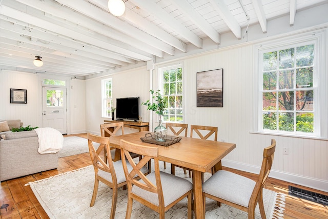 503 City Park Ave, Columbus, OH 43215 - dining space featuring baseboards, beamed ceiling, light wood-type flooring, and wood walls
