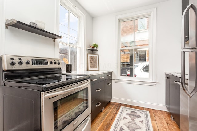 503 City Park Ave, Columbus, OH 43215 - kitchen with stainless steel range with electric cooktop, open shelves, baseboards, and light wood-style flooring