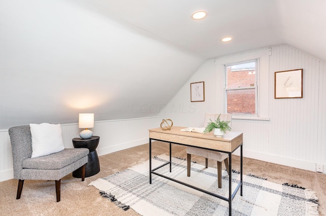 503 City Park Ave, Columbus, OH 43215 - office area with light colored carpet, lofted ceiling, baseboards, and recessed lighting