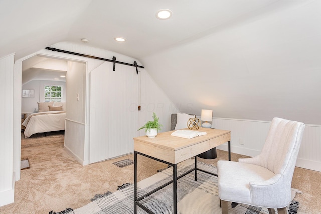 503 City Park Ave, Columbus, OH 43215 - carpeted home office with vaulted ceiling, wainscoting, and recessed lighting