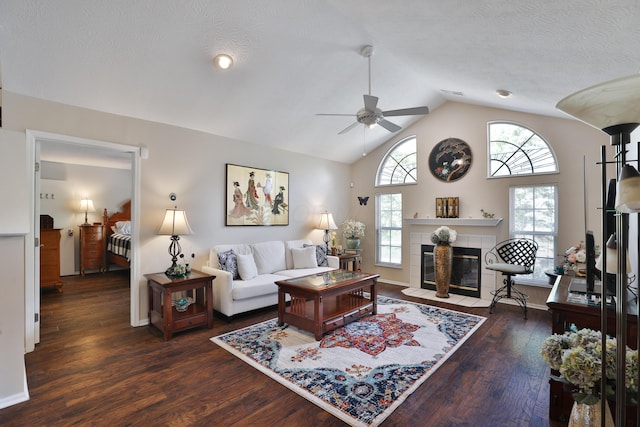 880 Village Brook Way, Columbus, OH 43235 - living area with ceiling fan, lofted ceiling, wood finished floors, a tile fireplace, and baseboards