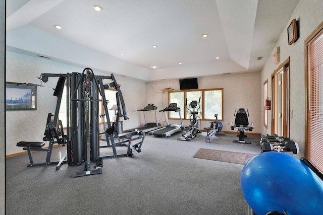 880 Village Brook Way, Columbus, OH 43235 - gym with baseboards, recessed lighting, and a tray ceiling