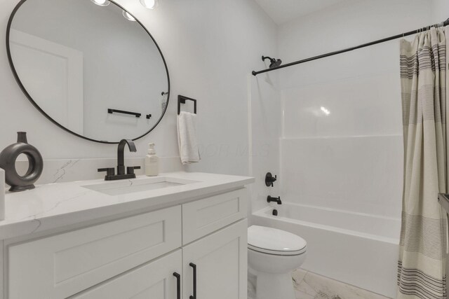 13081 Dogwood Rd NE, Thornville, OH 43076 - bathroom featuring marble look tiles, vanity, shower / bathtub combination with curtain, and toilet