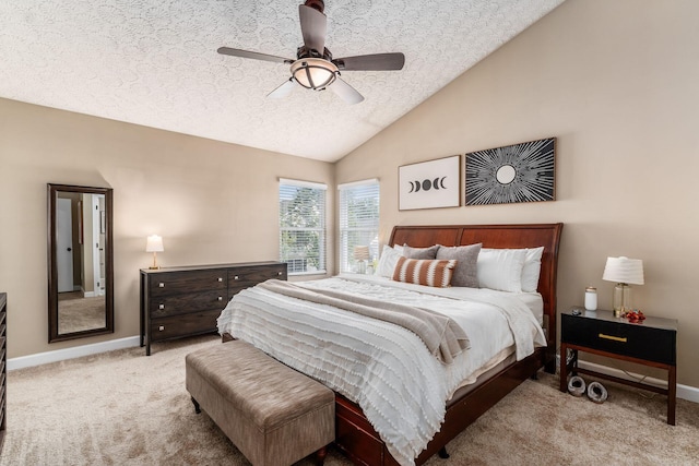7765 Lantana Ave Unit 164, Blacklick, OH 43004 - carpeted bedroom featuring a textured ceiling, baseboards, lofted ceiling, and a ceiling fan