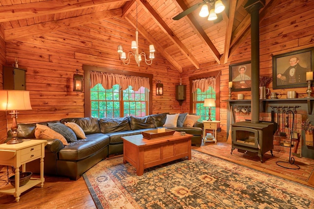 7 Whiskey Run Rd, Chillicothe, OH 45601 - living room featuring a wood stove, wood ceiling, wood walls, hardwood / wood-style floors, and a ceiling fan