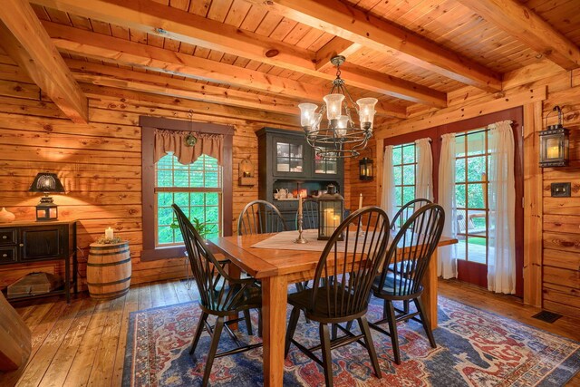 7 Whiskey Run Rd, Chillicothe, OH 45601 - dining space with wooden ceiling with exposed beams, wood-type flooring, a chandelier, and wood walls