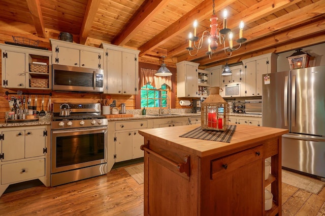 7 Whiskey Run Rd, Chillicothe, OH 45601 - kitchen with stainless steel appliances, wood counters, a chandelier, wood ceiling with exposed beams, and light wood-style floors