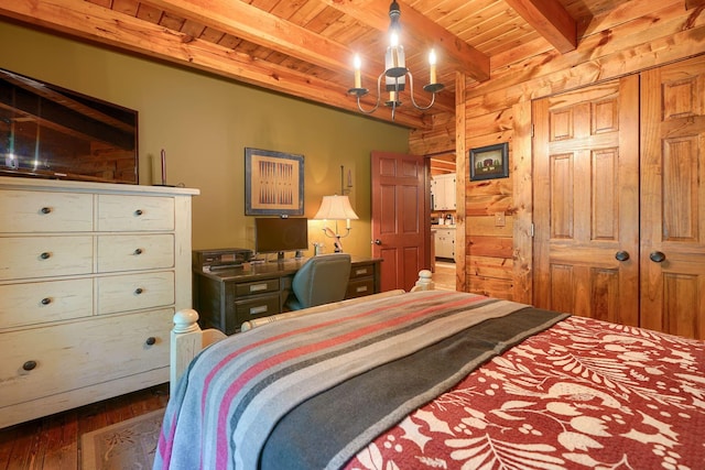 7 Whiskey Run Rd, Chillicothe, OH 45601 - bedroom featuring wood ceiling with exposed beams, wooden walls, wood finished floors, and a closet