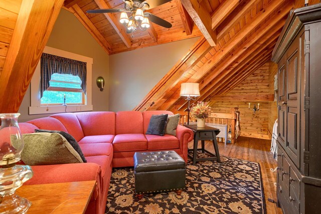 7 Whiskey Run Rd, Chillicothe, OH 45601 - living room with hardwood / wood-style flooring, ceiling fan, wooden ceiling, and wood walls