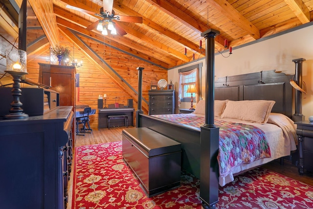 7 Whiskey Run Rd, Chillicothe, OH 45601 - bedroom with a wood stove, wood finished floors, wooden ceiling, and wooden walls