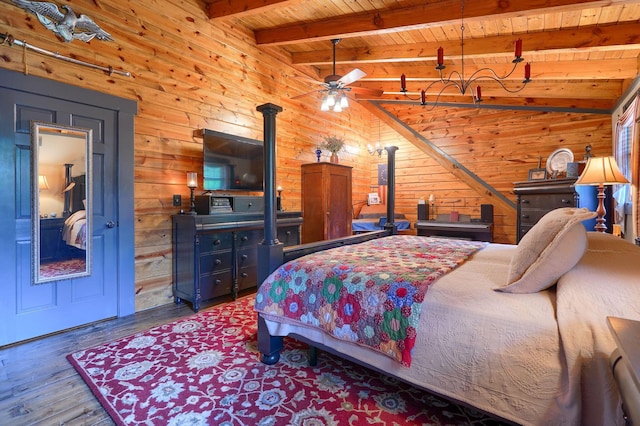 7 Whiskey Run Rd, Chillicothe, OH 45601 - bedroom featuring wood walls, wood finished floors, wooden ceiling with exposed beams, and a wood stove