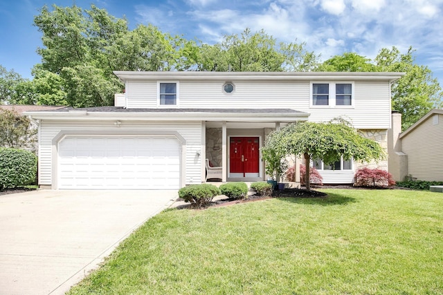 232 Camrose Ct, Columbus, OH 43230 - view of front facade with driveway, stone siding, a front lawn, and an attached garage