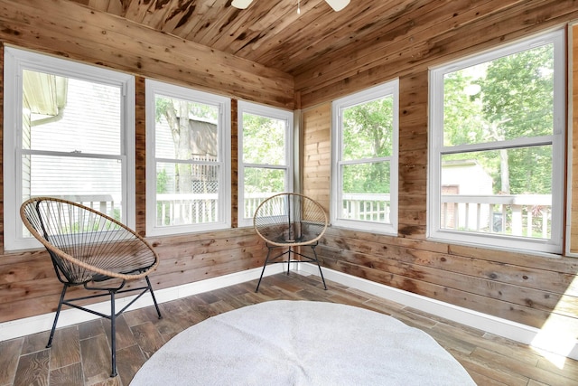 232 Camrose Ct, Columbus, OH 43230 - sitting room with baseboards, wood walls, wood ceiling, ceiling fan, and wood finished floors