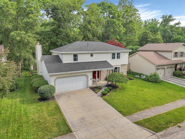 232 Camrose Ct, Columbus, OH 43230 - traditional-style house featuring a chimney, stone siding, driveway, a front lawn, and a shingled roof