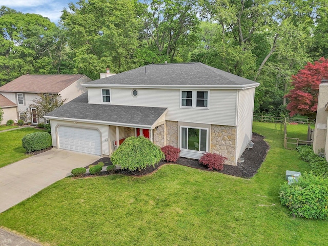 232 Camrose Ct, Columbus, OH 43230 - traditional-style house featuring a garage, stone siding, driveway, and roof with shingles
