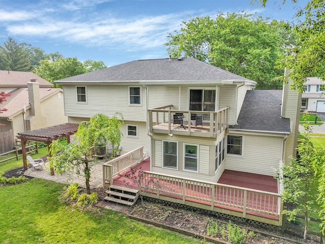 232 Camrose Ct, Columbus, OH 43230 - back of property featuring a balcony, a shingled roof, a lawn, cooling unit, and a pergola