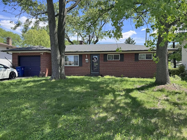 1385 Gumwood Dr, Columbus, OH 43229 - ranch-style house featuring an attached garage, brick siding, a front yard, and a chimney