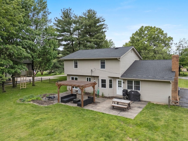 13682 Cobblestone Ln, Pickerington, OH 43147 - rear view of house featuring a pergola, a patio area, a chimney, outdoor lounge area, and roof with shingles