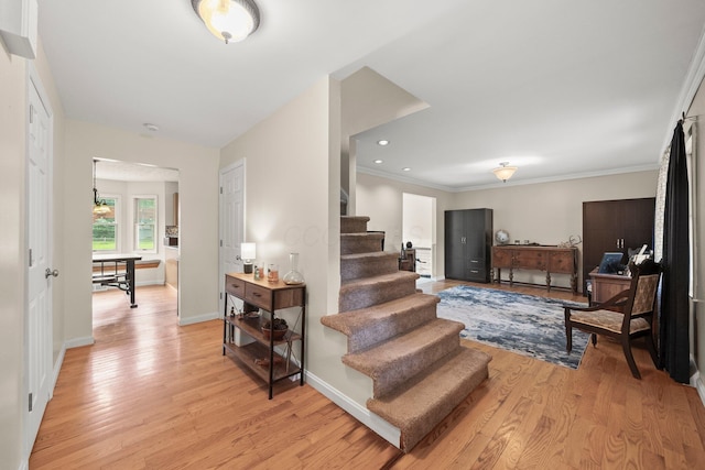 13682 Cobblestone Ln, Pickerington, OH 43147 - staircase with wood finished floors, baseboards, and ornamental molding