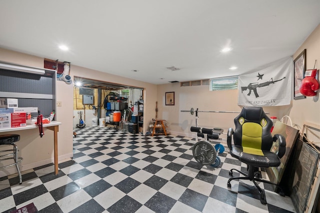13682 Cobblestone Ln, Pickerington, OH 43147 - workout room with tile patterned floors, recessed lighting, and baseboards