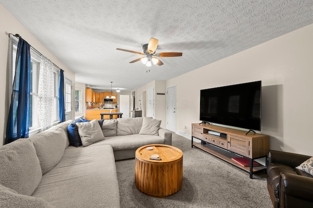13682 Cobblestone Ln, Pickerington, OH 43147 - carpeted living room with a ceiling fan