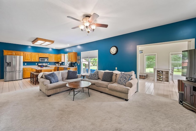 3902 Maple Grove Rd, Marion, OH 43302 - living room with light carpet, a ceiling fan, and healthy amount of natural light