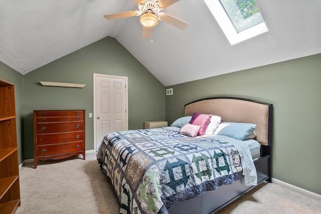 3902 Maple Grove Rd, Marion, OH 43302 - bedroom featuring lofted ceiling, carpet floors, a skylight, a ceiling fan, and baseboards
