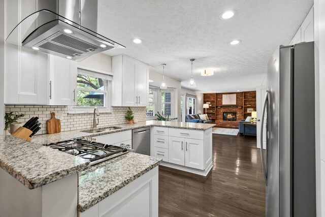 3567 Rochfort Bridge Dr, Columbus, OH 43221 - kitchen with appliances with stainless steel finishes, island exhaust hood, a peninsula, a sink, and open floor plan