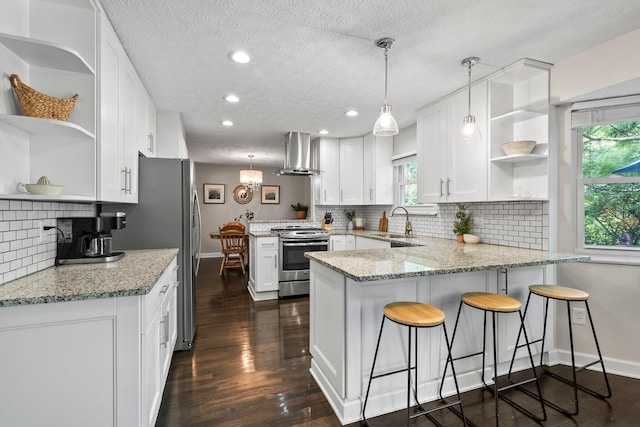 3567 Rochfort Bridge Dr, Columbus, OH 43221 - kitchen with open shelves, appliances with stainless steel finishes, wall chimney exhaust hood, a peninsula, and white cabinets