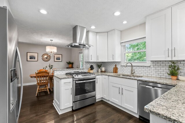 3567 Rochfort Bridge Dr, Columbus, OH 43221 - kitchen featuring appliances with stainless steel finishes, range hood, a sink, a peninsula, and a textured ceiling