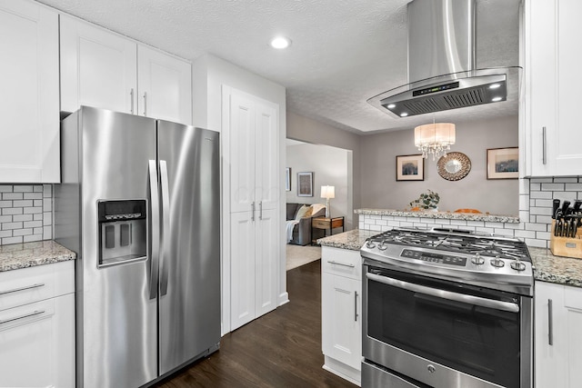 3567 Rochfort Bridge Dr, Columbus, OH 43221 - kitchen featuring appliances with stainless steel finishes, island range hood, dark wood finished floors, decorative backsplash, and white cabinets