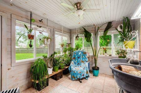 7050 Motts Place Rd, Canal Winchester, OH 43110 - sunroom / solarium with ceiling fan, wooden ceiling, and tile patterned floors