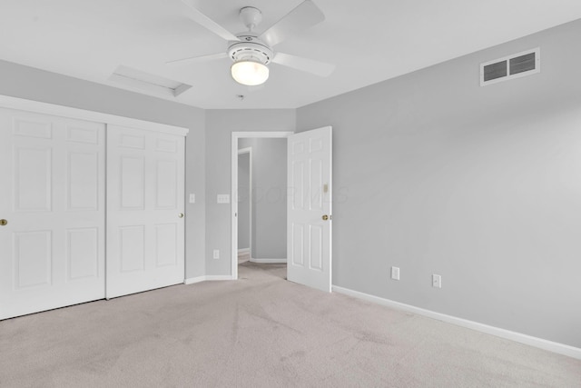 9302 Pimlico Pl, Pickerington, OH 43147 - unfurnished bedroom with attic access, baseboards, carpet, a closet, and a ceiling fan