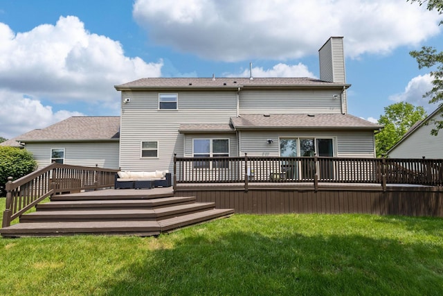 9302 Pimlico Pl, Pickerington, OH 43147 - back of house featuring a yard, a wooden deck, a chimney, and a shingled roof