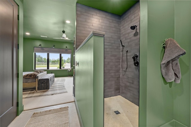 3226 Bean Oller Rd, Delaware, OH 43015 - bathroom with a tile shower, a ceiling fan, and recessed lighting