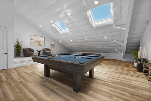 3226 Bean Oller Rd, Delaware, OH 43015 - recreation room featuring a skylight, light wood-style flooring, lofted ceiling, billiards, and recessed lighting