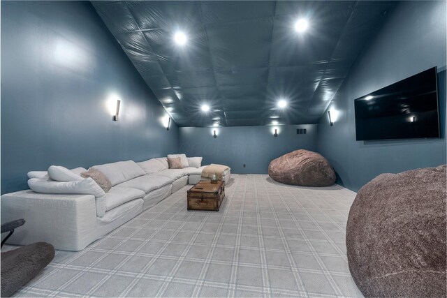 3226 Bean Oller Rd, Delaware, OH 43015 - carpeted home theater room with vaulted ceiling and recessed lighting