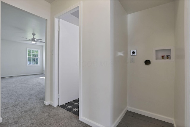 46 S 24th St, Newark, OH 43055 - washroom with hookup for an electric dryer, washer hookup, ceiling fan, dark carpet, and baseboards