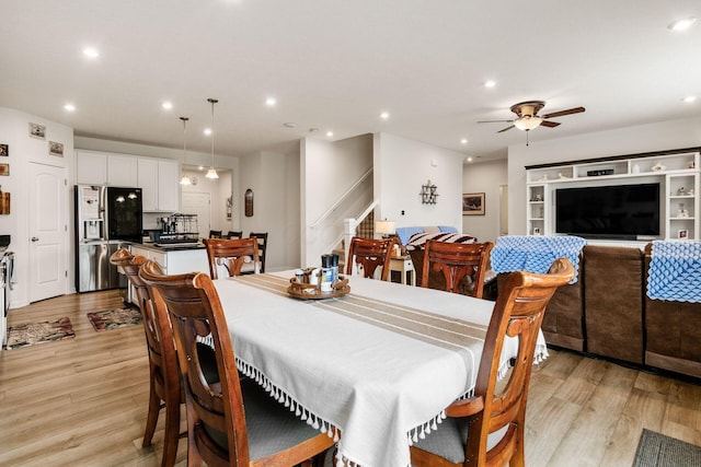 99 Hutchison St, South Bloomfield, OH 43103 - dining space with stairs, light wood-style flooring, ceiling fan, and recessed lighting