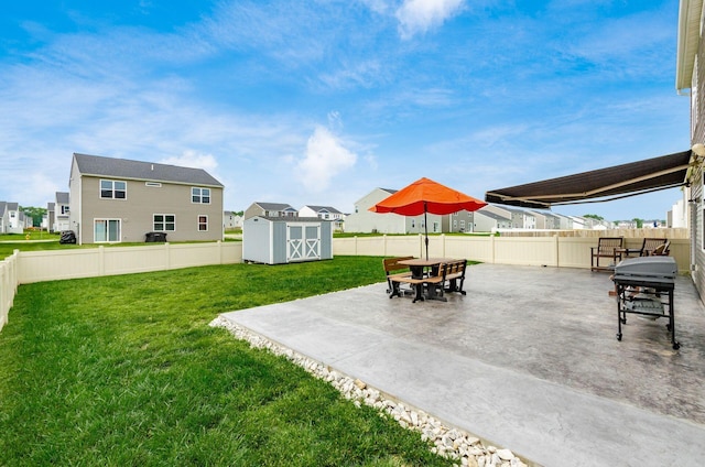 99 Hutchison St, South Bloomfield, OH 43103 - fenced backyard featuring a shed, a patio area, and a residential view