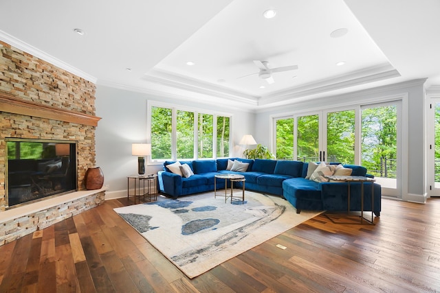 5633 Travis Pointe Ct, Westerville, OH 43082 - living area featuring a raised ceiling, wood-type flooring, a ceiling fan, ornamental molding, and a fireplace