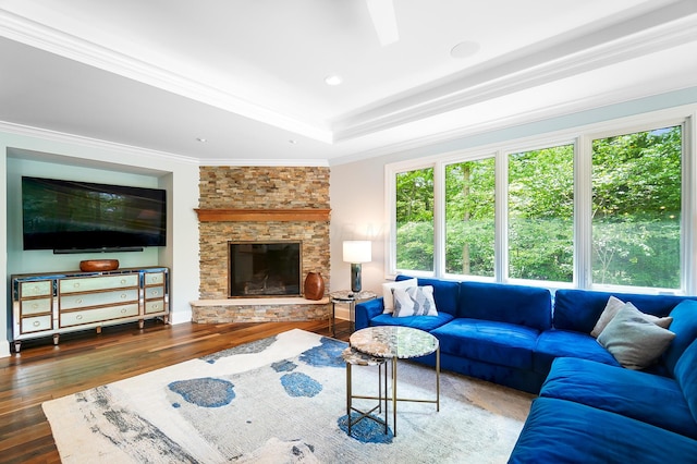 5633 Travis Pointe Ct, Westerville, OH 43082 - living room featuring wood-type flooring, a raised ceiling, a stone fireplace, crown molding, and recessed lighting